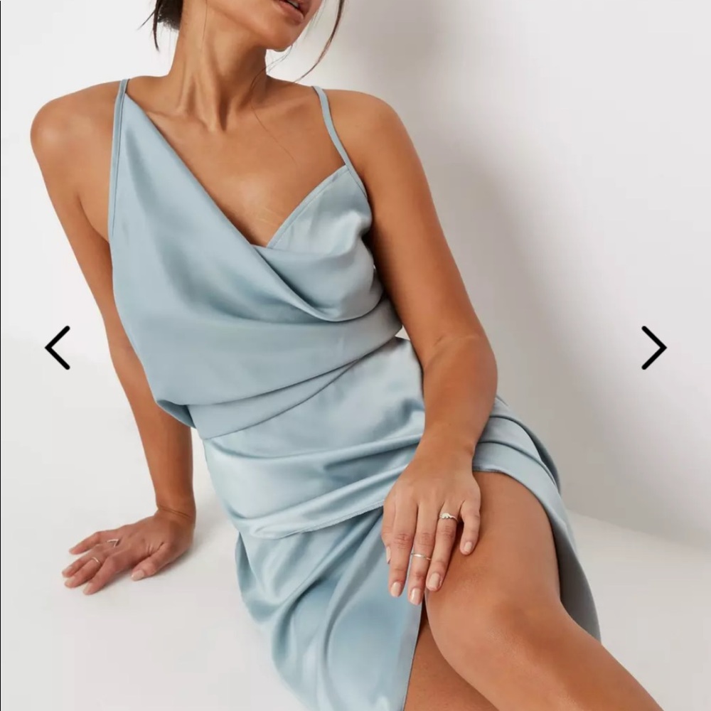 Missguided Blue Satin Drape Asymmetric Midi Dress